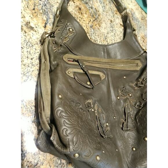 Cole Haan G Series Olive Green leaves applique hobo bag purse Shoulder Leather - Picture 3 of 12